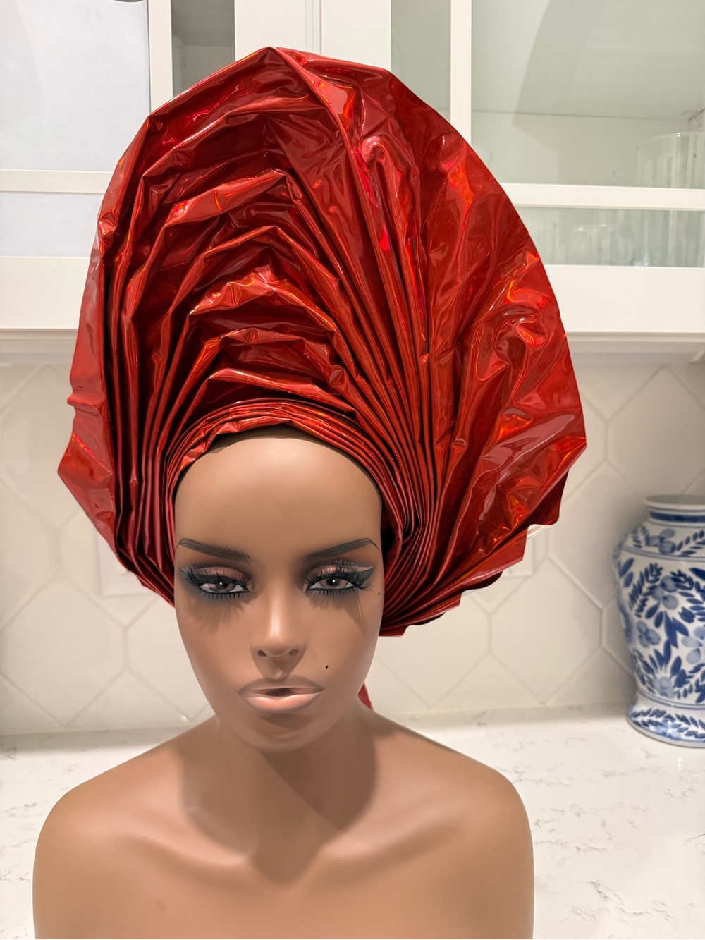 Shiny Red Metallic Leather Auto Gele Headwrap